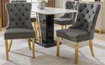 4 Dining Chairs Velvet Upholstered Round Pull Ring Back Gold Legs - Grey/Gold