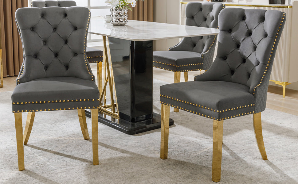 4 Dining Chairs Velvet Upholstered Round Pull Ring Back Gold Legs - Grey/Gold