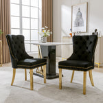 Dining Chair Set of 2 Upholstered Velvet Round Pull Ring Back Nailhead Trim Black/Gold