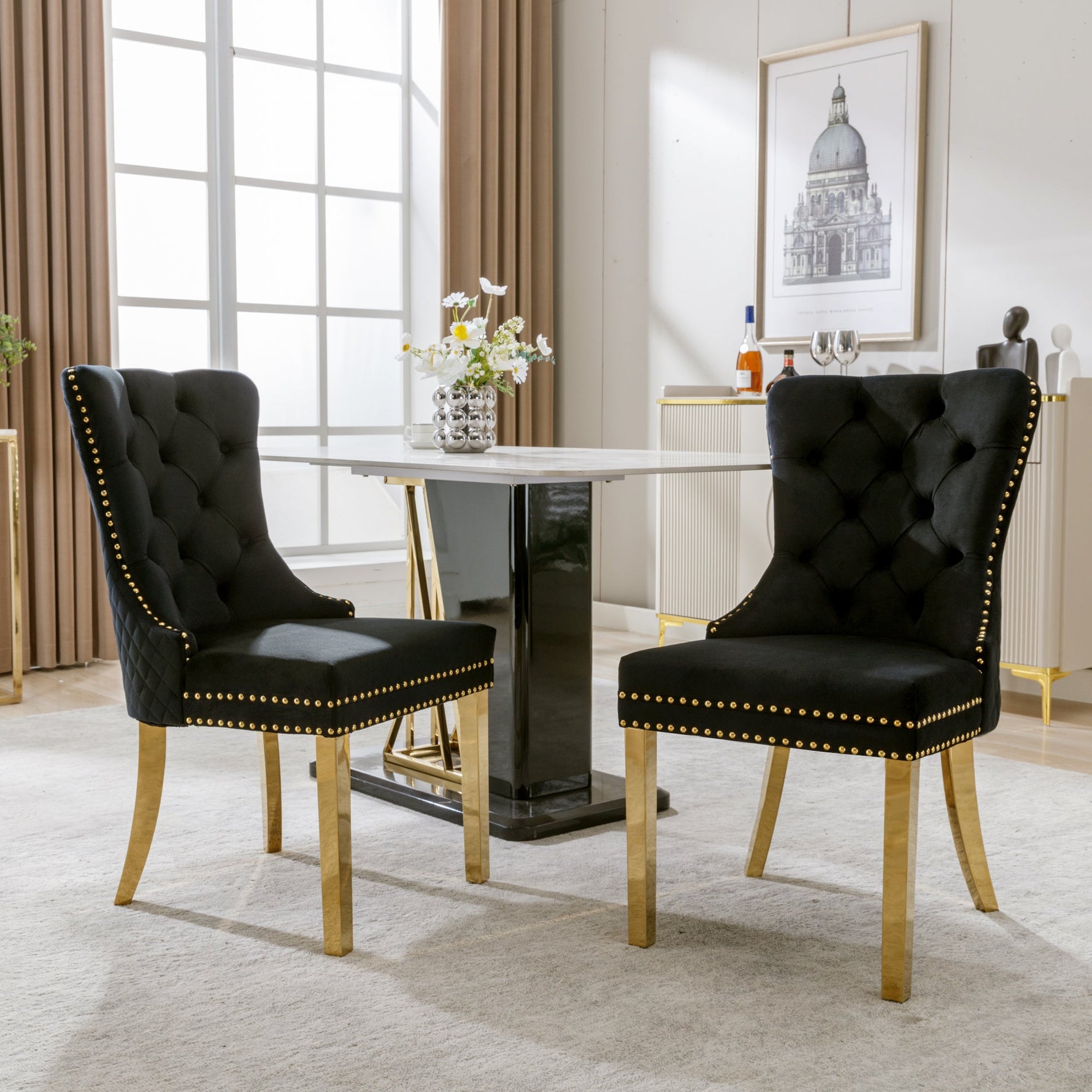 Dining Chair Set of 2 Upholstered Velvet Round Pull Ring Back Nailhead Trim Black/Gold