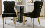 Dining Chair Set of 2 Upholstered Velvet Round Pull Ring Back Nailhead Trim Black/Gold