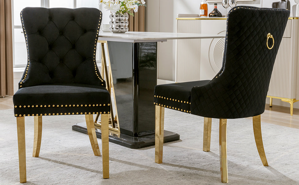 Dining Chair Set of 2 Upholstered Velvet Round Pull Ring Back Nailhead Trim Black/Gold