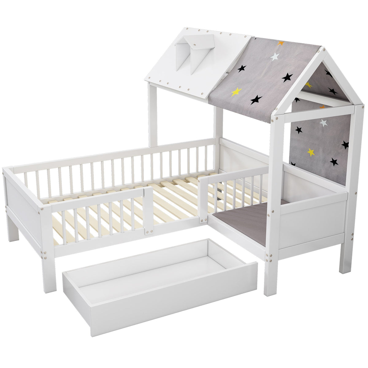 House Bed Single Multifunctional Tent Drawers 90x200cm - White Wood