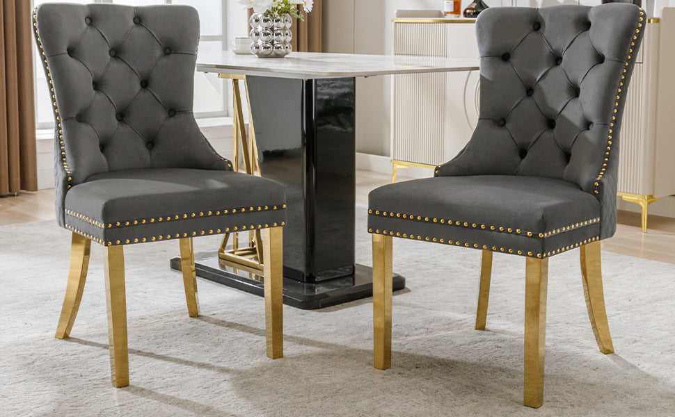 Dining Chair Set of 2 Upholstered Round Pull Ring Back Nailhead Trim Gold-Plated Stainless Steel Grey Velvet/Gold