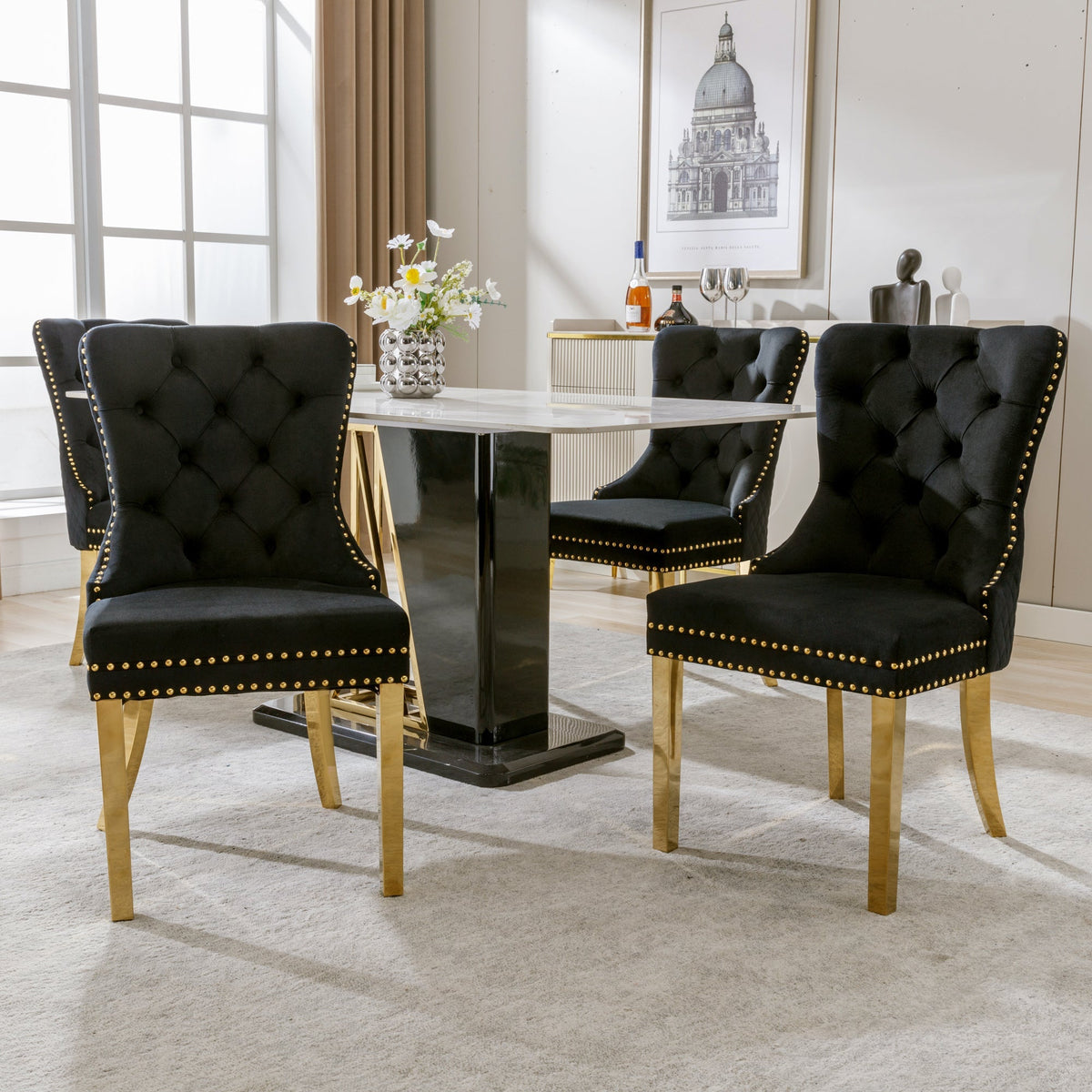 Set of 4 Dining Chairs Velvet Upholstered Round Pull Ring Nailhead Trim Black/Gold