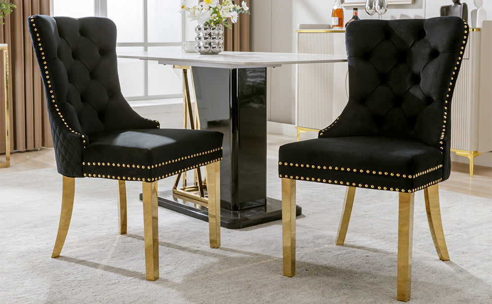 Dining Chair Set of 2 Upholstered Velvet Round Pull Ring Back Nailhead Trim Black/Gold