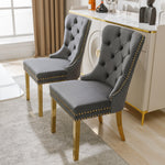 Dining Chair Set of 2 Upholstered Round Pull Ring Back Nailhead Trim Gold-Plated Stainless Steel Grey Velvet/Gold