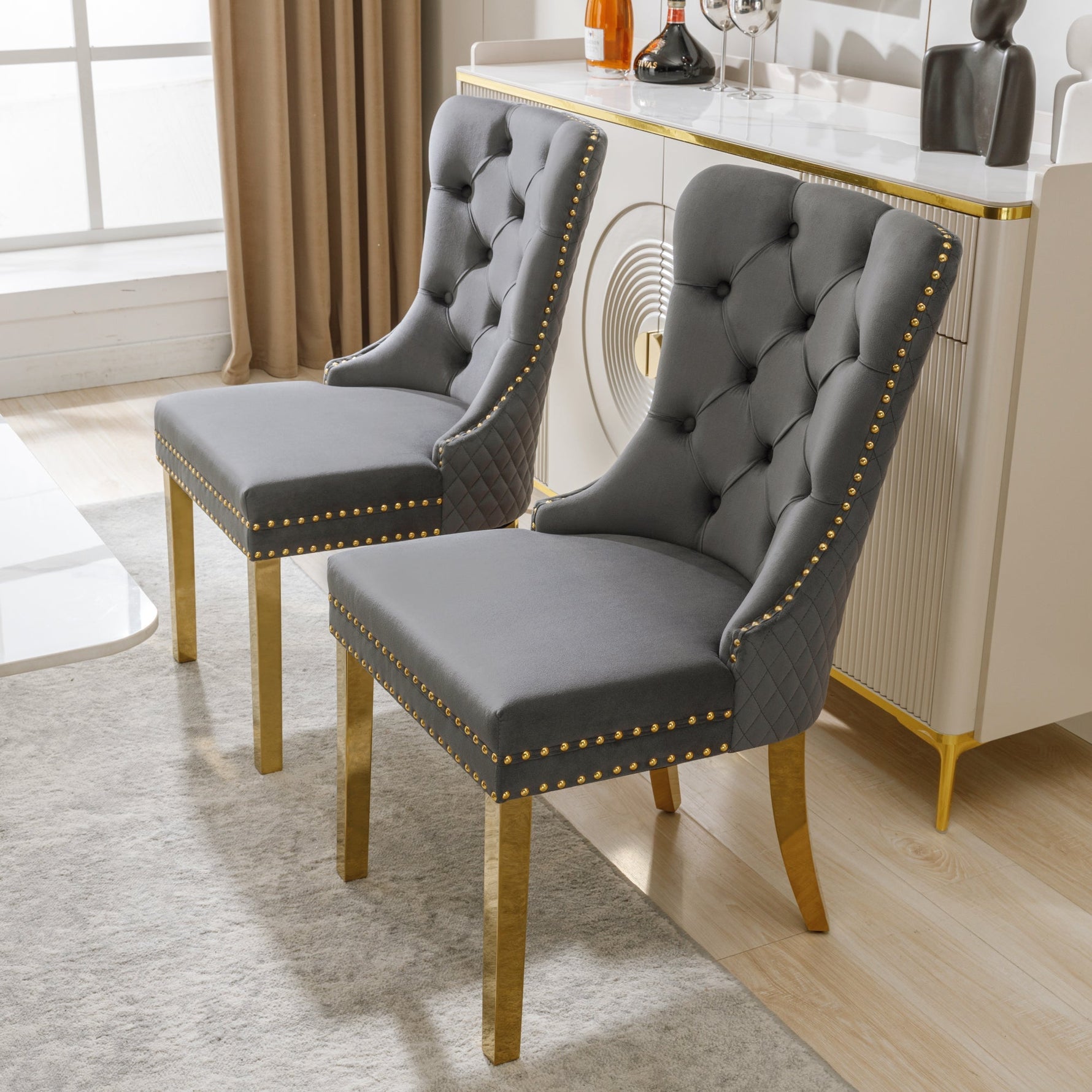 Dining Chair Set of 2 Upholstered Round Pull Ring Back Nailhead Trim Gold-Plated Stainless Steel Grey Velvet/Gold