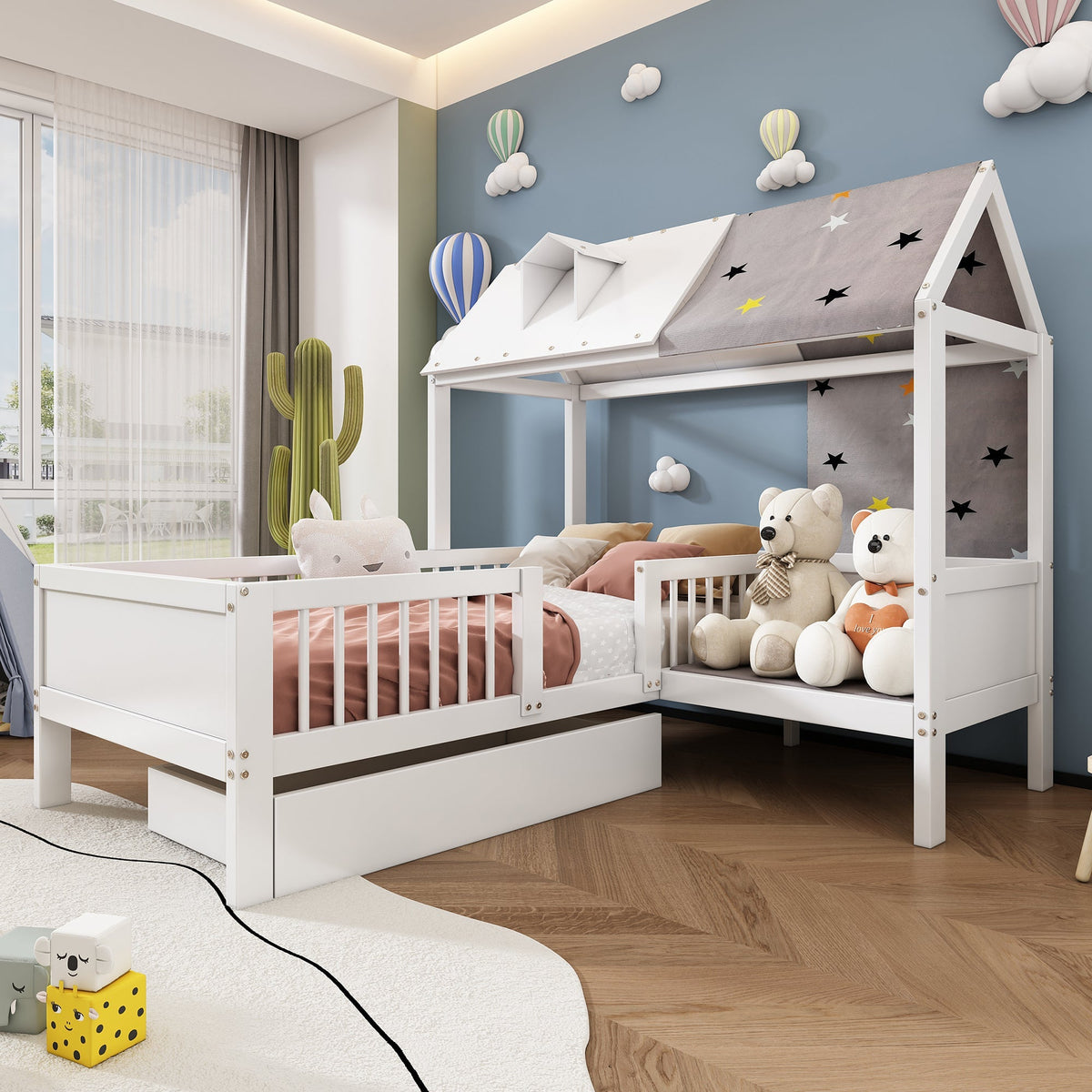 House Bed Single Multifunctional Tent Drawers 90x200cm - White Wood