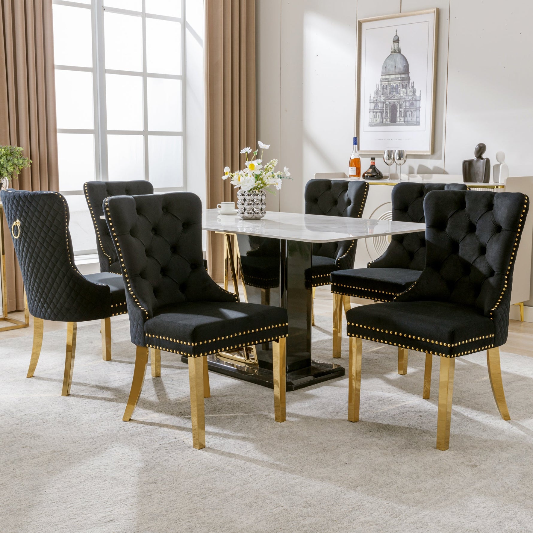 Dining Chair Set of 6 Upholstered Velvet Round Pull Ring Back Nailhead Trim Black/Gold