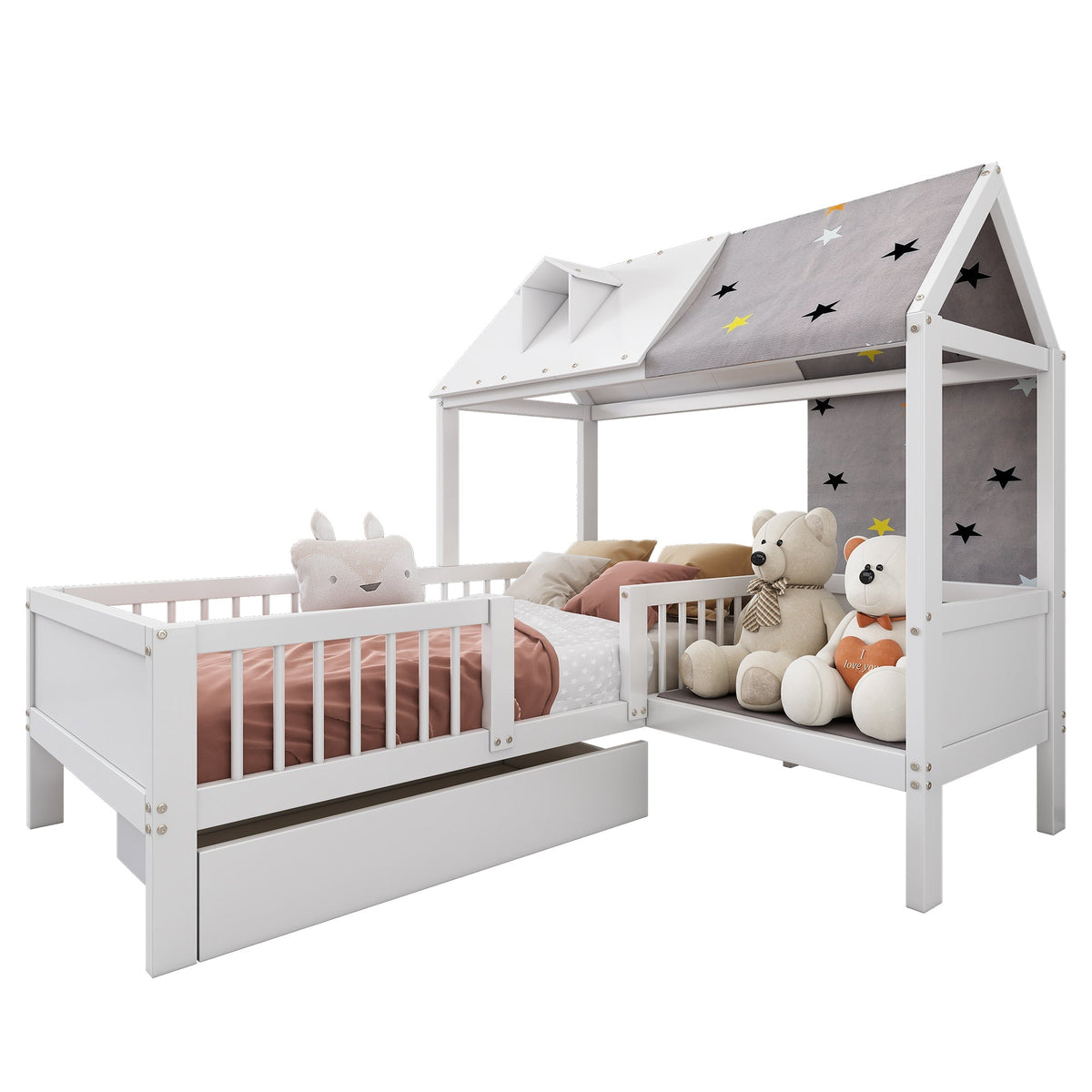 House Bed Single Multifunctional Tent Drawers 90x200cm - White Wood