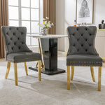 Dining Chair Set of 2 Upholstered Round Pull Ring Back Nailhead Trim Gold-Plated Stainless Steel Grey Velvet/Gold