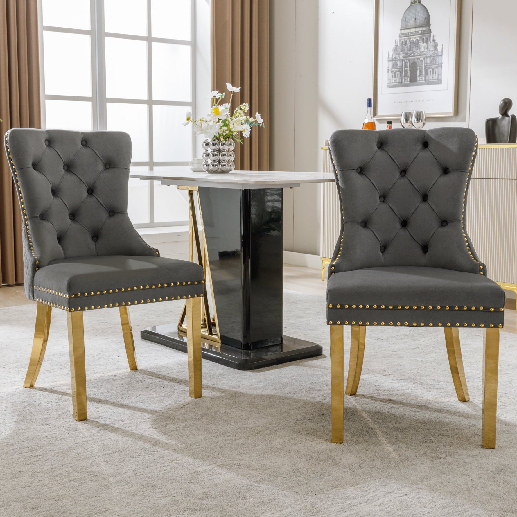 Dining Chair Set of 2 Upholstered Round Pull Ring Back Nailhead Trim Gold-Plated Stainless Steel Grey Velvet/Gold