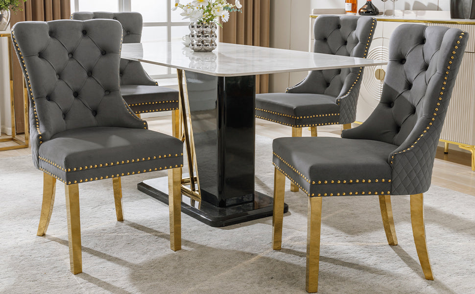 4 Dining Chairs Velvet Upholstered Round Pull Ring Back Gold Legs - Grey/Gold