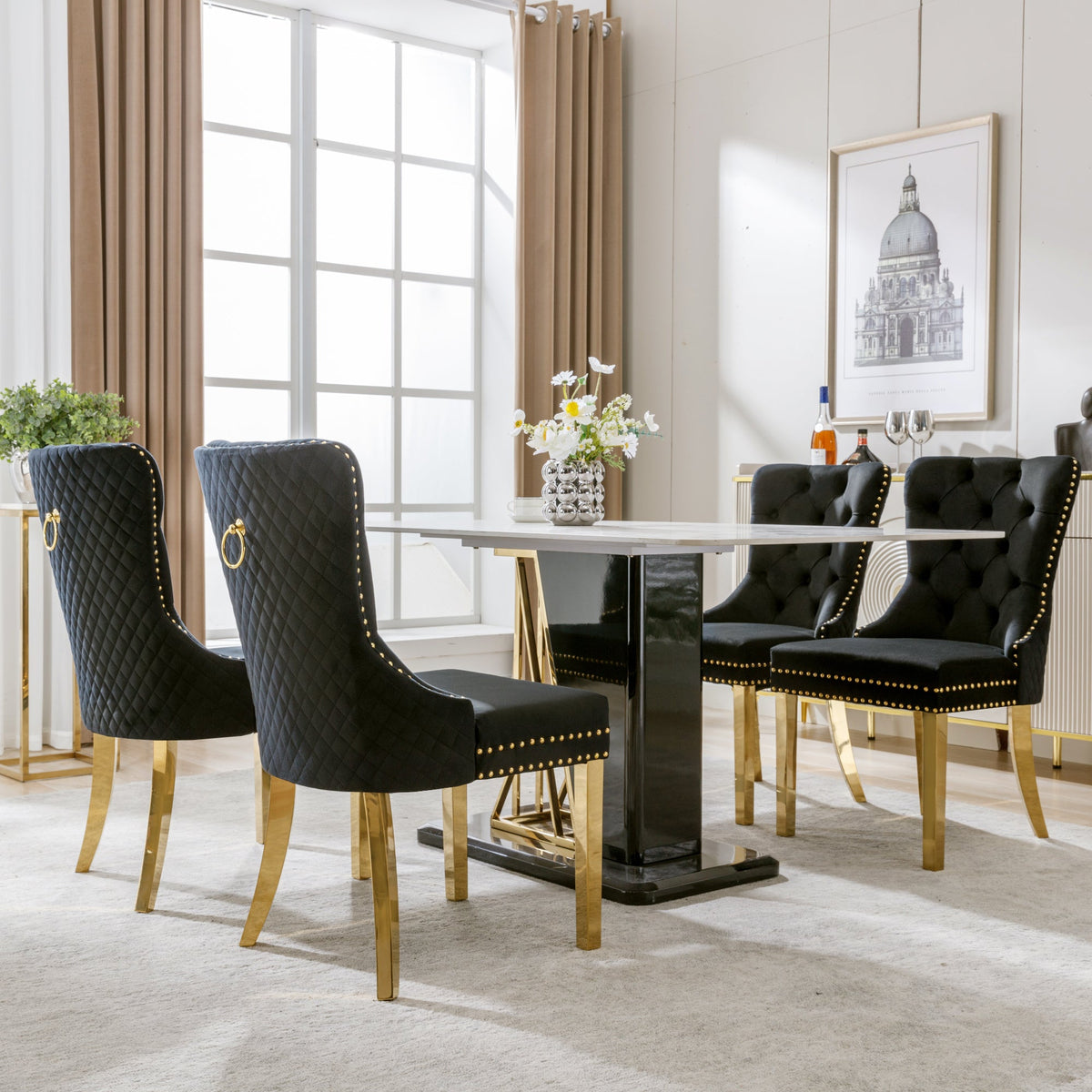 Set of 4 Dining Chairs Velvet Upholstered Round Pull Ring Nailhead Trim Black/Gold