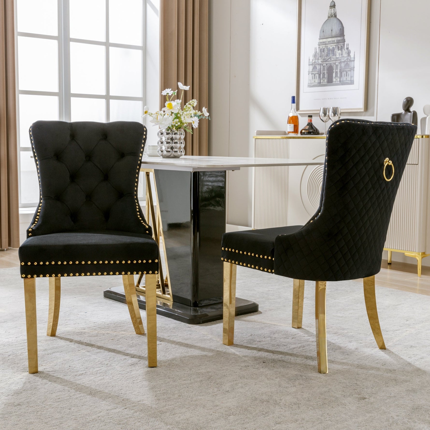 Dining Chair Set of 2 Upholstered Velvet Round Pull Ring Back Nailhead Trim Black/Gold
