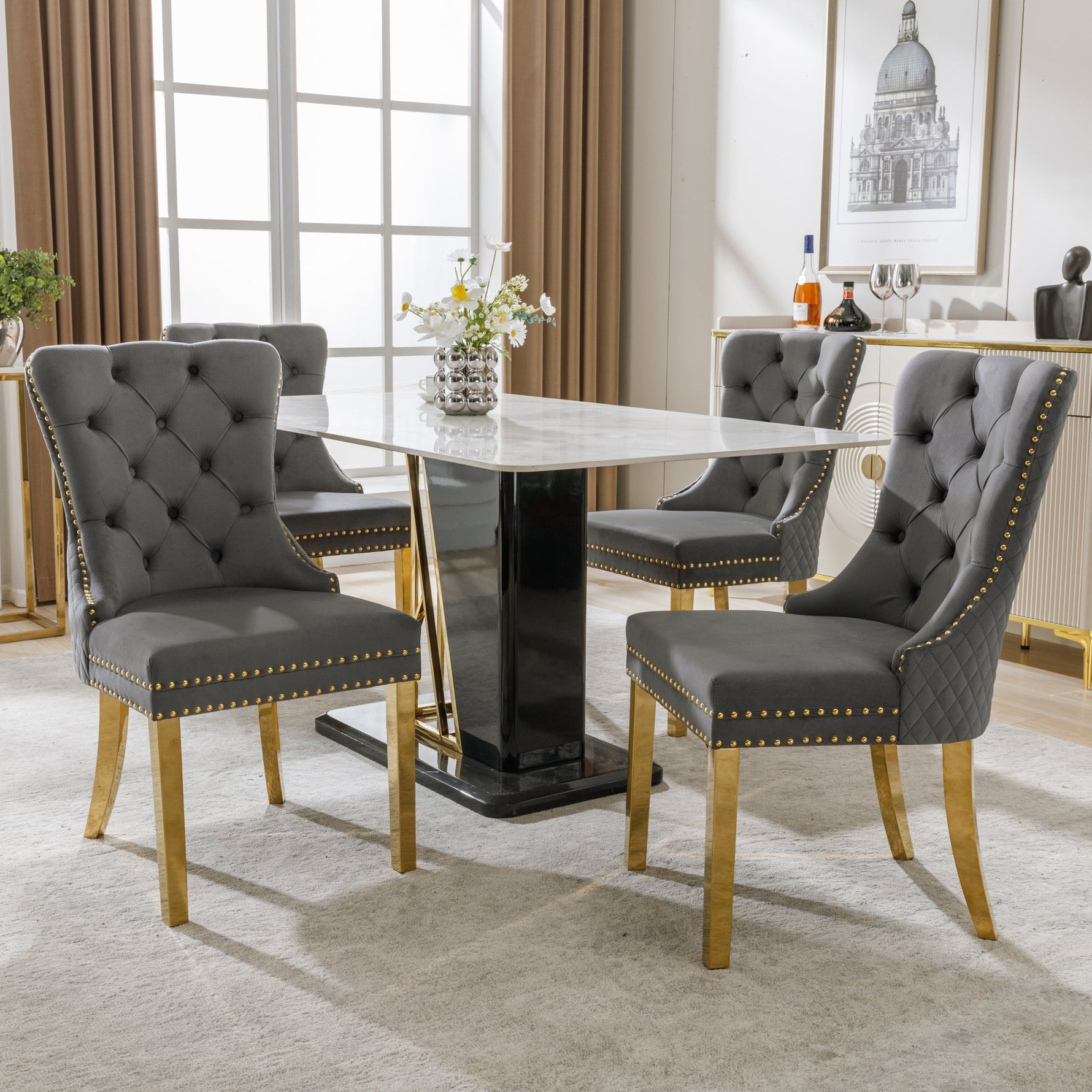 4 Dining Chairs Velvet Upholstered Round Pull Ring Back Gold Legs - Grey/Gold