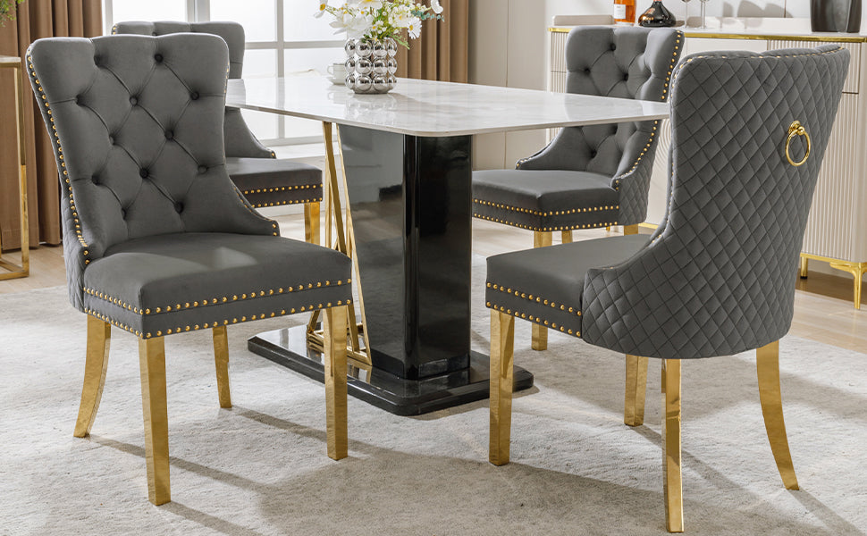 4 Dining Chairs Velvet Upholstered Round Pull Ring Back Gold Legs - Grey/Gold