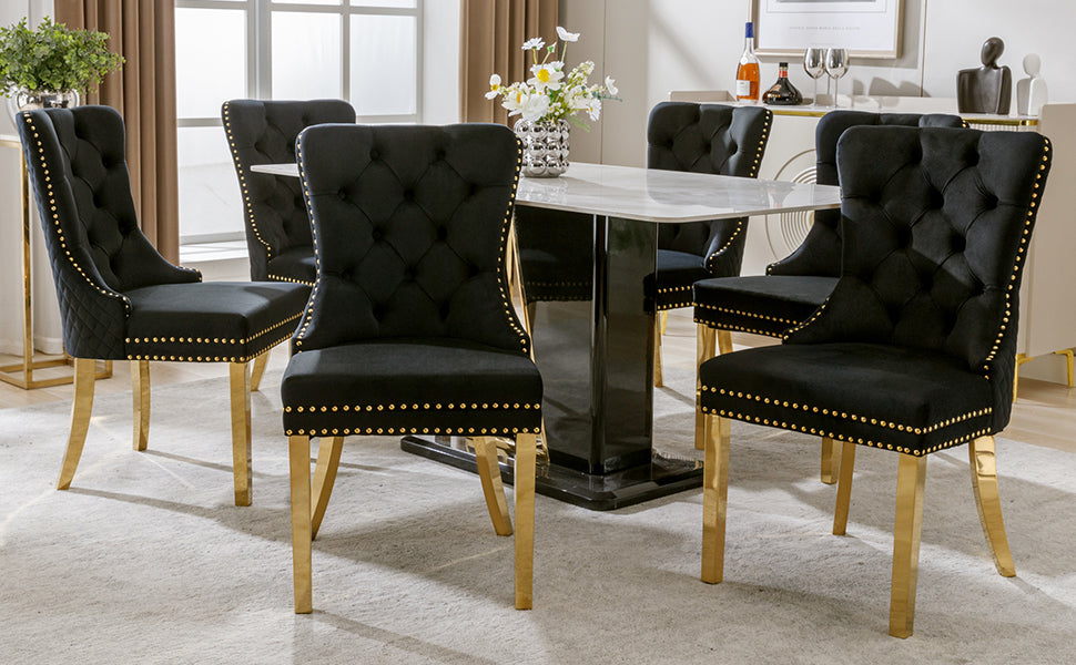 Dining Chair Set of 6 Upholstered Velvet Round Pull Ring Back Nailhead Trim Black/Gold