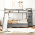 Bunk Bed with Slide, Storage Drawers and Stairs, Gray Wood