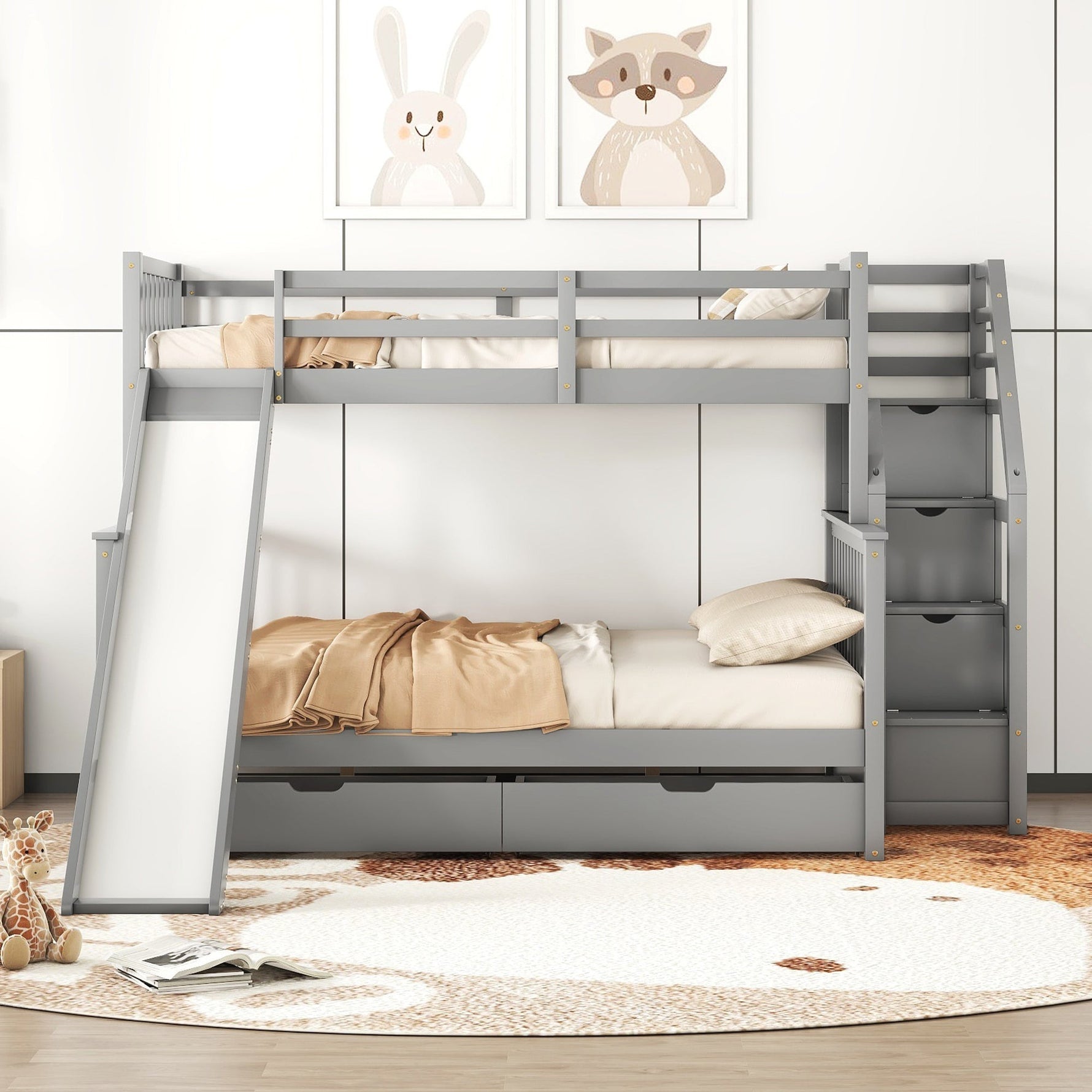 Bunk Bed with Slide, Storage Drawers and Stairs, Gray Wood