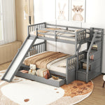 Bunk Bed with Slide, Storage Drawers and Stairs, Gray Wood