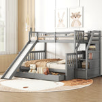 Bunk Bed with Slide, Storage Drawers and Stairs, Gray Wood