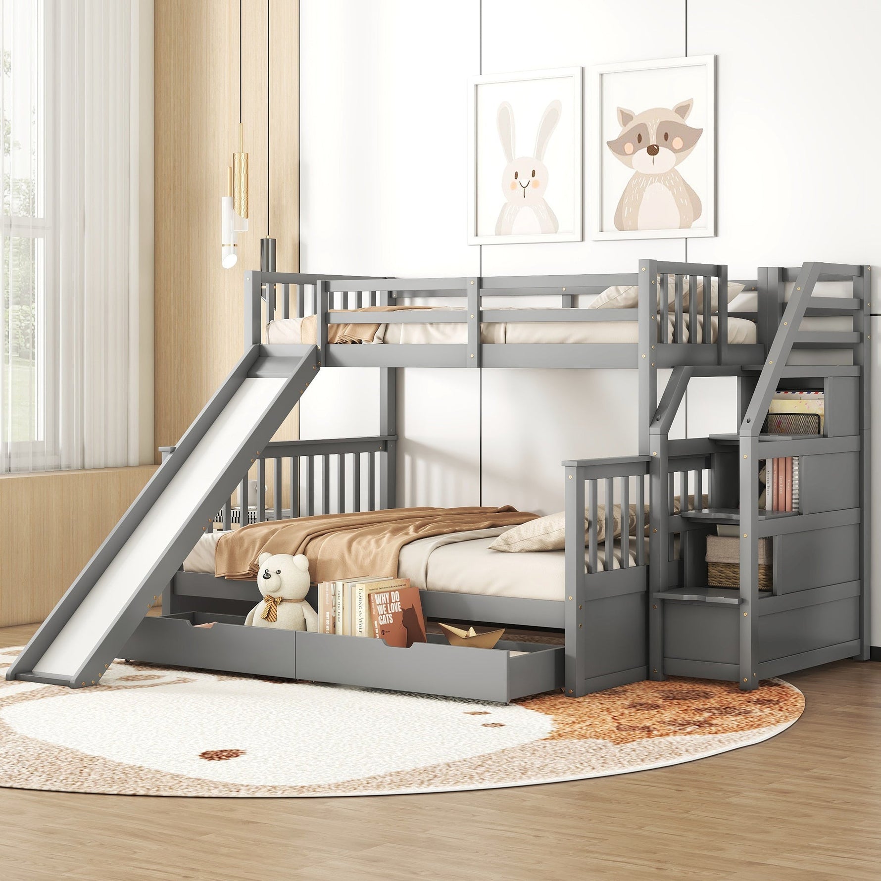 Bunk Bed with Slide, Storage Drawers and Stairs, Gray Wood