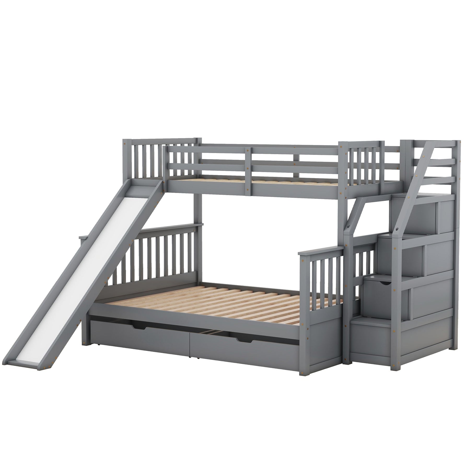 Bunk Bed with Slide, Storage Drawers and Stairs, Gray Wood