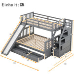 Bunk Bed with Slide, Storage Drawers and Stairs, Gray Wood