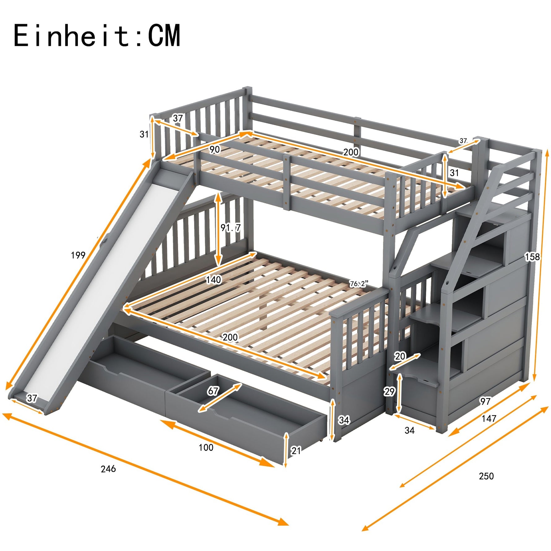 Bunk Bed with Slide, Storage Drawers and Stairs, Gray Wood