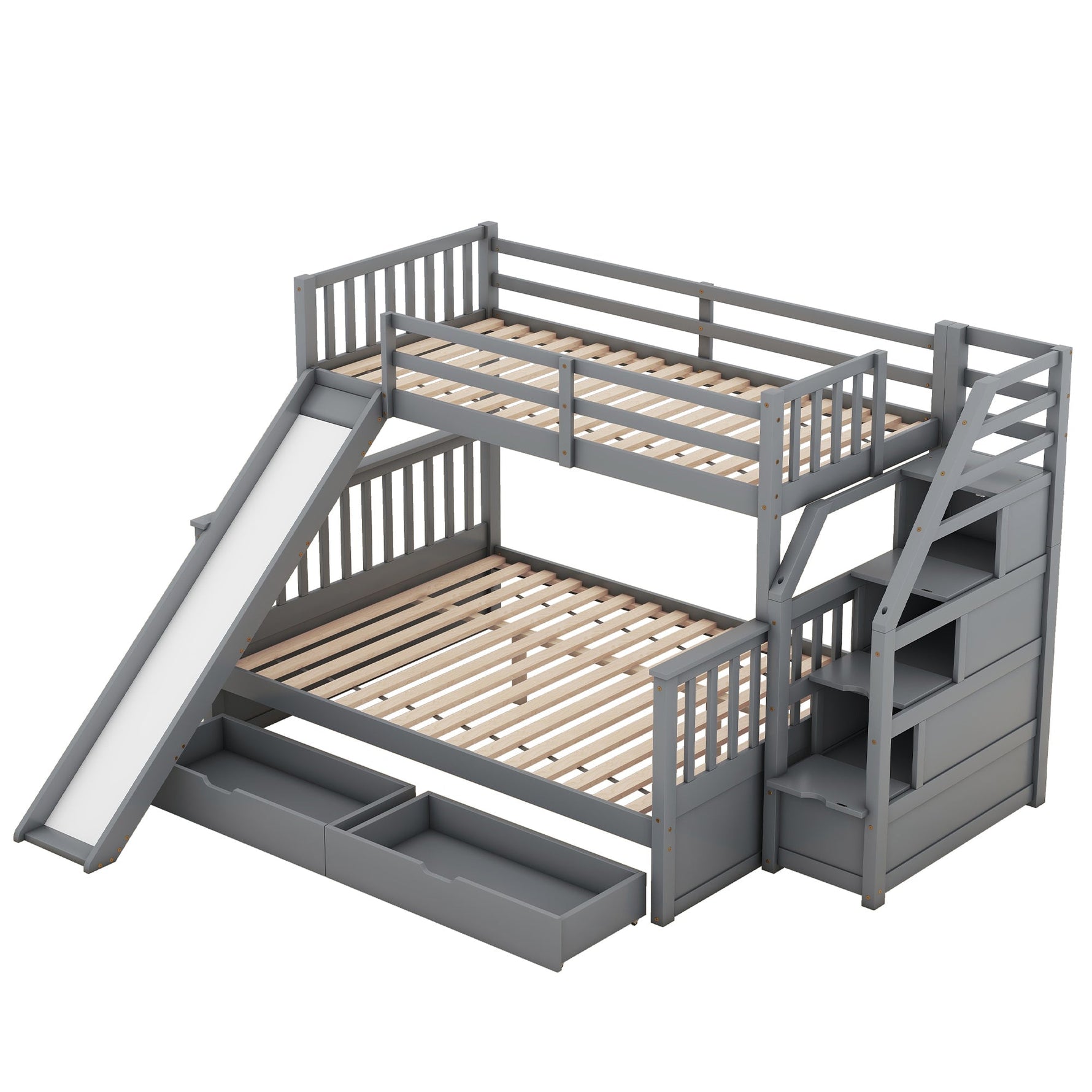 Bunk Bed with Slide, Storage Drawers and Stairs, Gray Wood