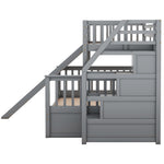 Bunk Bed with Slide, Storage Drawers and Stairs, Gray Wood