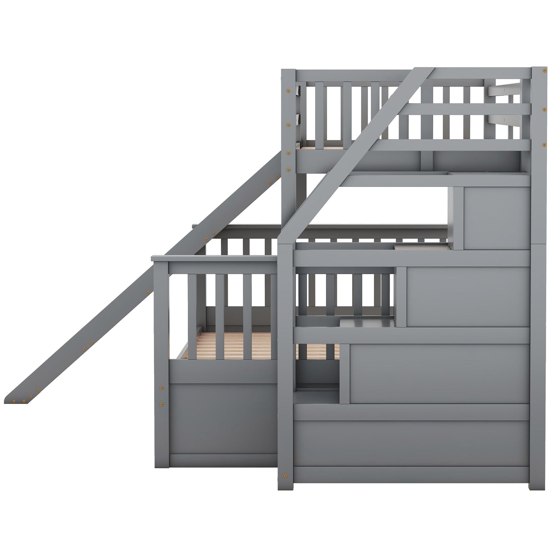 Bunk Bed with Slide, Storage Drawers and Stairs, Gray Wood