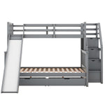Bunk Bed with Slide, Storage Drawers and Stairs, Gray Wood