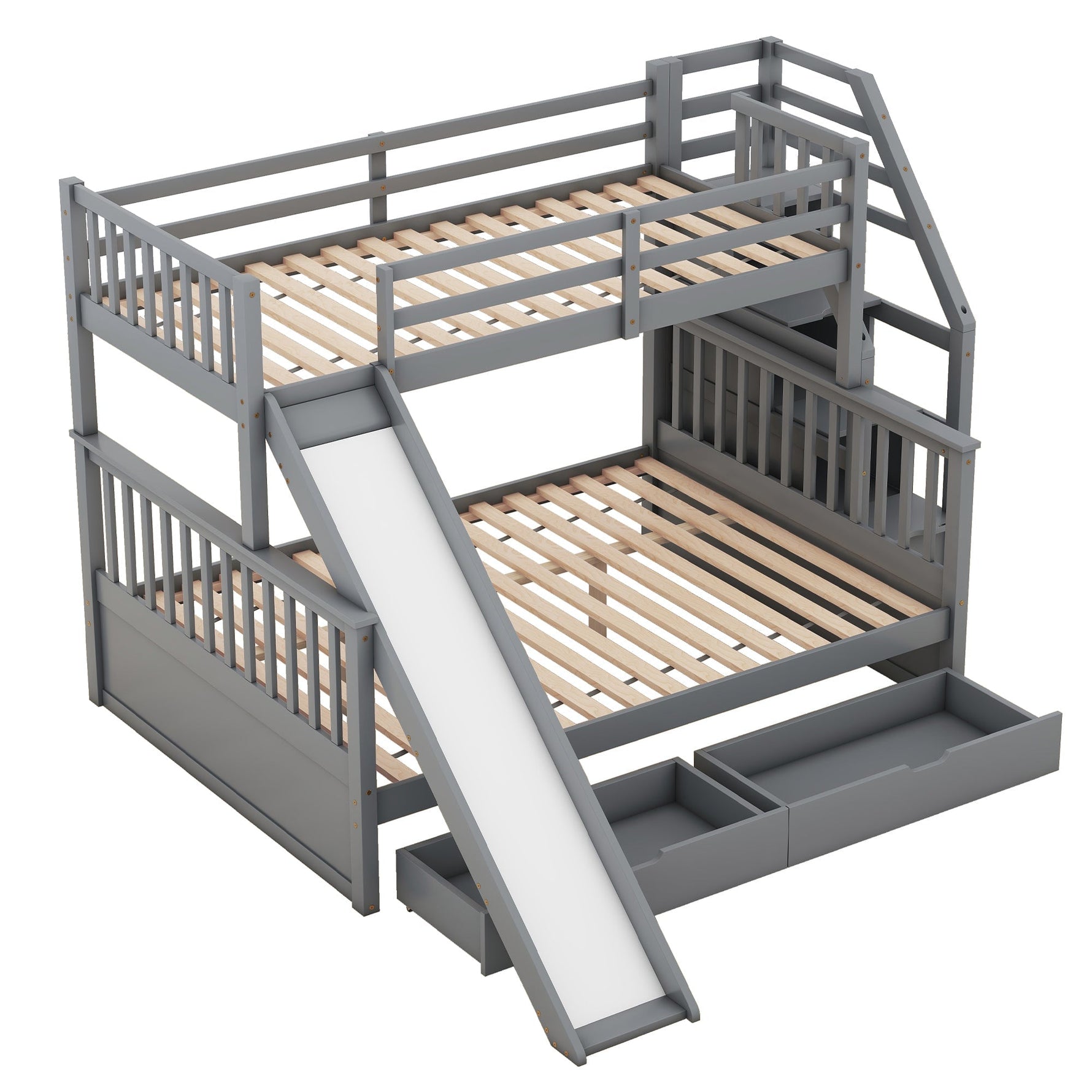 Bunk Bed with Slide, Storage Drawers and Stairs, Gray Wood
