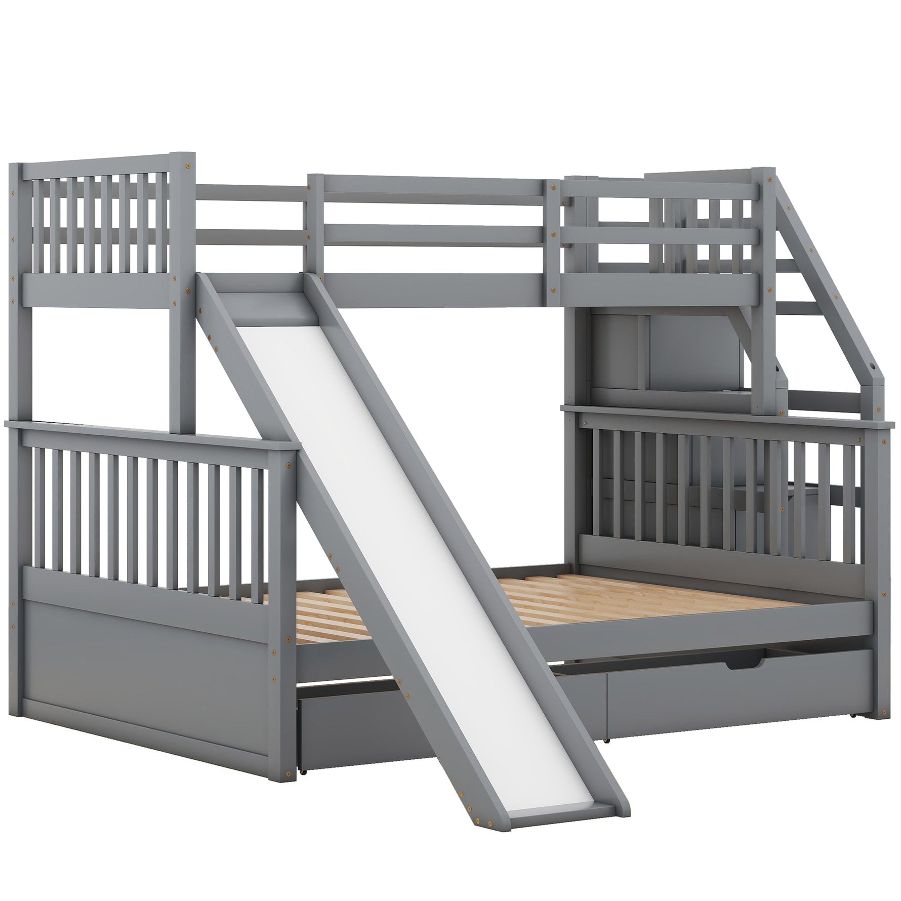Bunk Bed with Slide, Storage Drawers and Stairs, Gray Wood