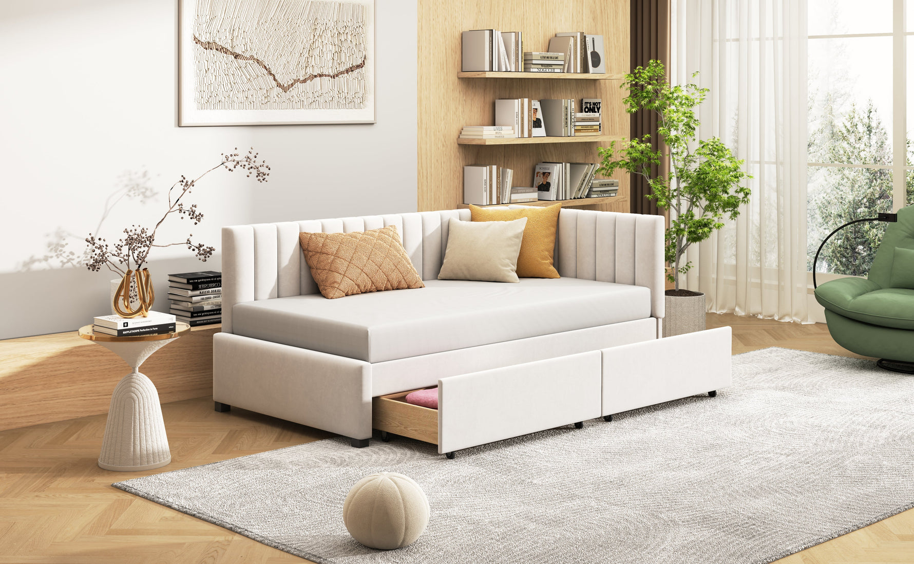 Upholstered Bed Sofa, 90x200 Multifunctional with 2 Drawers, Velvet Beige