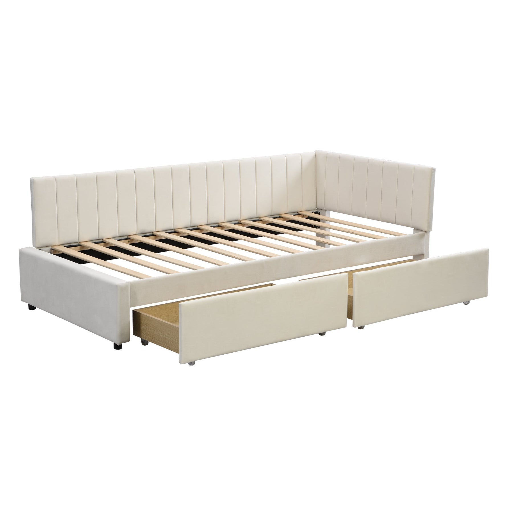 Upholstered Bed Sofa, 90x200 Multifunctional with 2 Drawers, Velvet Beige