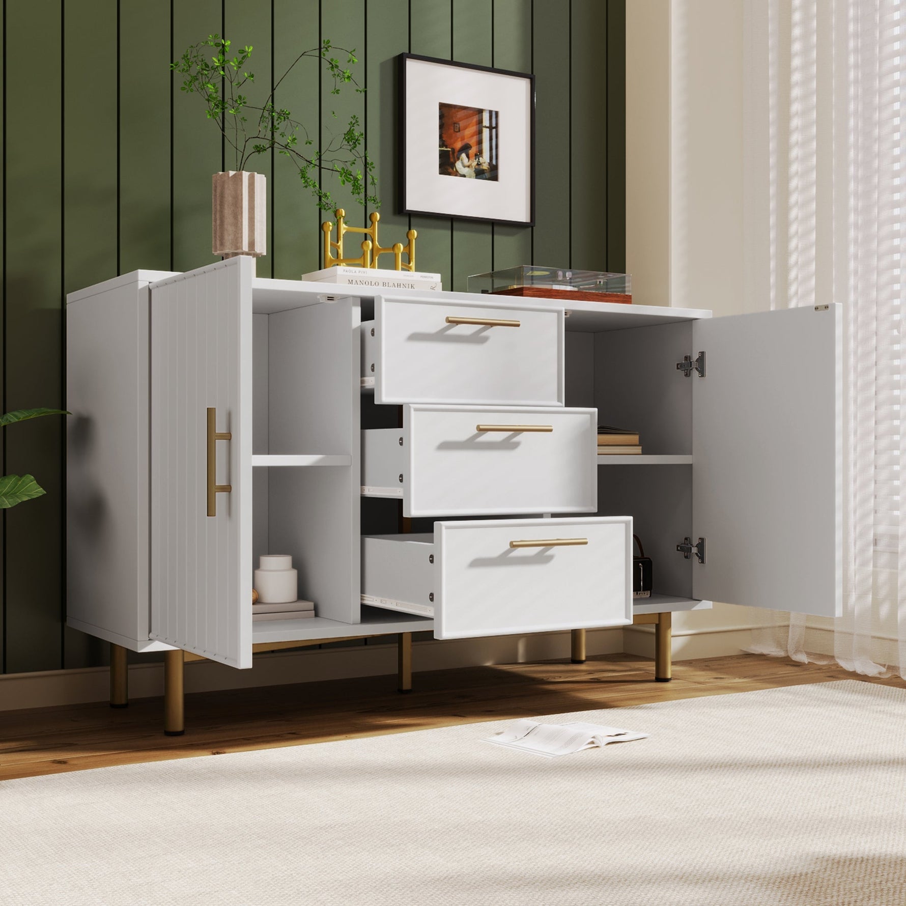 Chest of Drawers, 2 Doors, 3 Drawers, Adjustable Shelf, White