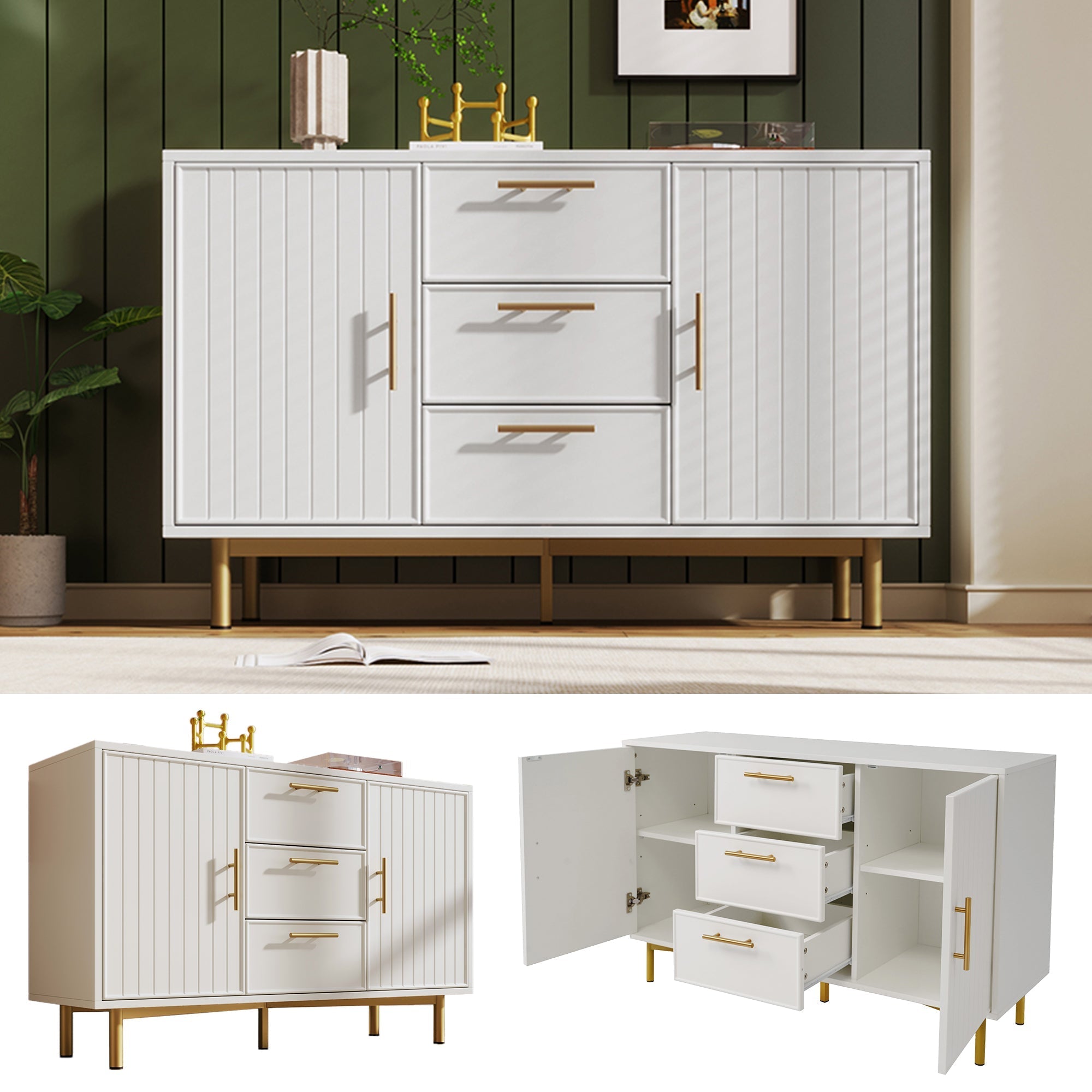 Chest of Drawers, 2 Doors, 3 Drawers, Adjustable Shelf, White