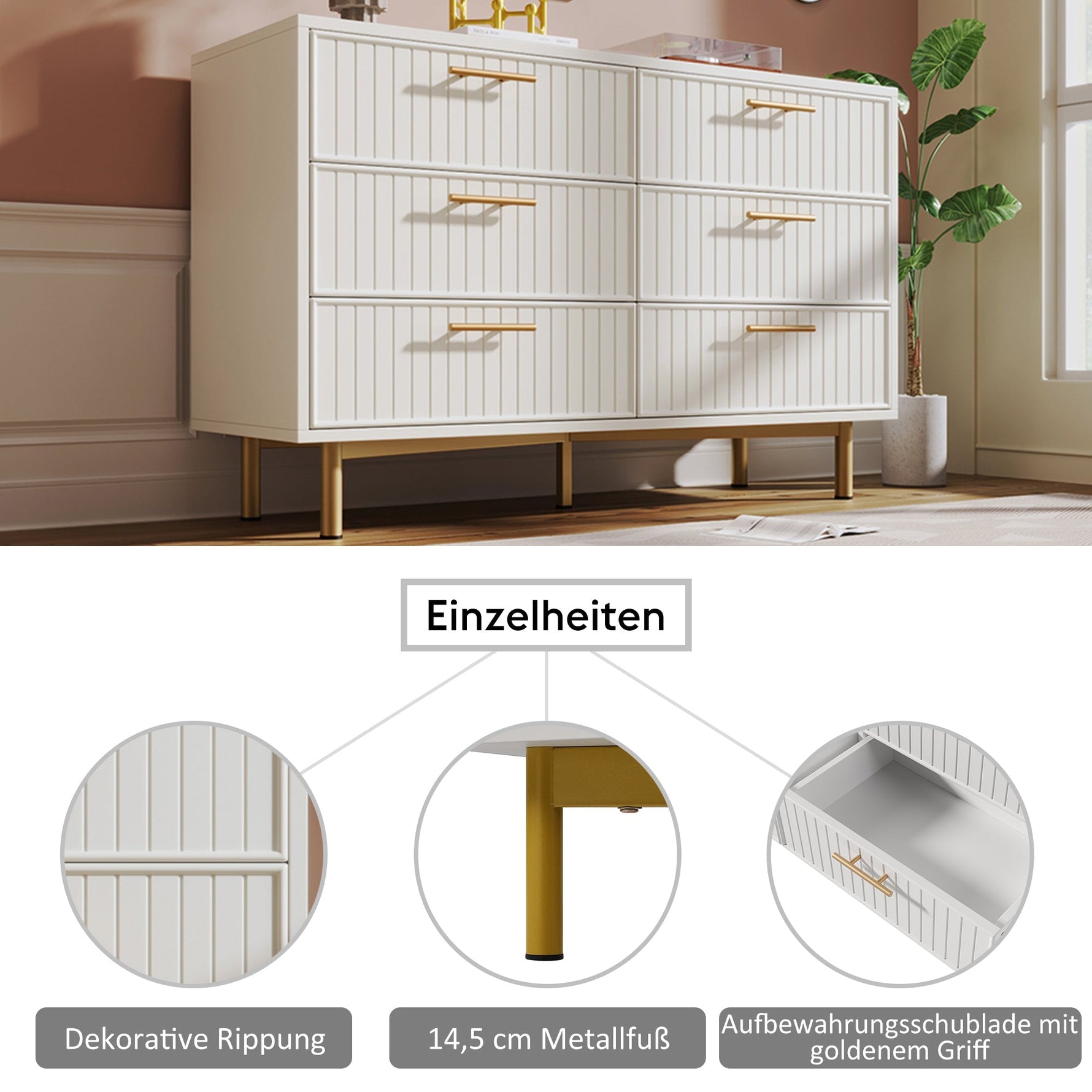 Chest of Drawers, 6-Drawer Sideboard for Bedroom, White