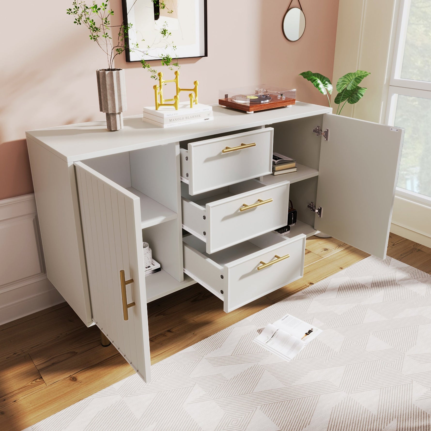 Chest of Drawers, 2 Doors, 3 Drawers, Adjustable Shelf, White