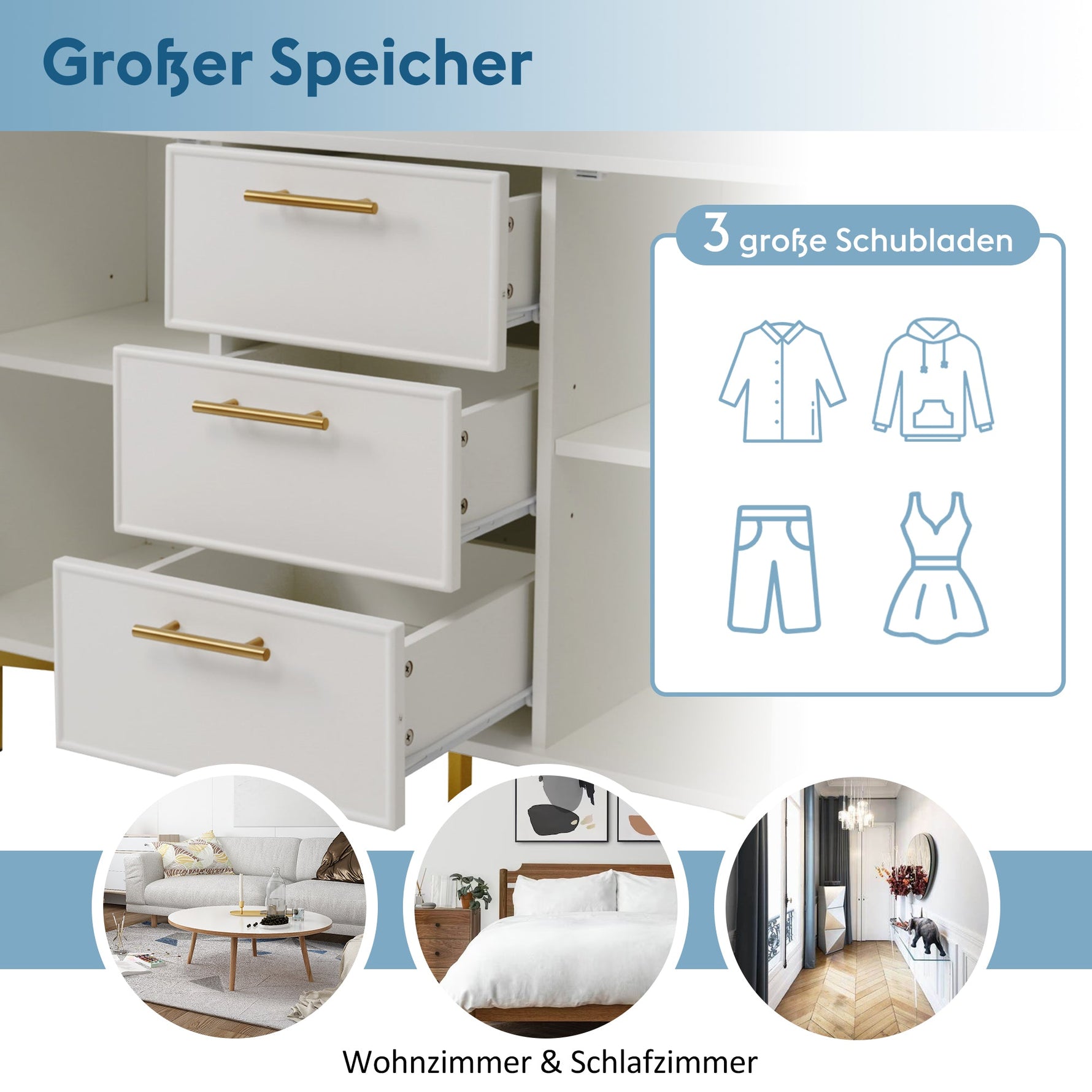 Chest of Drawers, 2 Doors, 3 Drawers, Adjustable Shelf, White