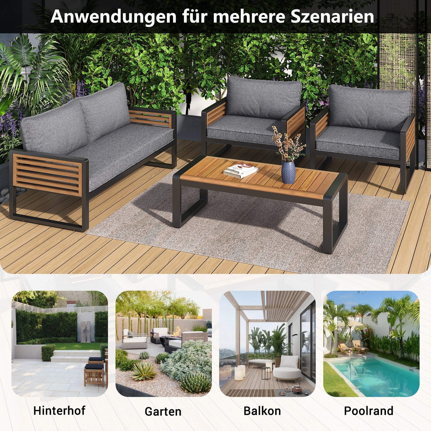 Garden Lounge Set 4-Piece Dining Set Galvanized Iron Frame Decorative Wooden Armrests Grey