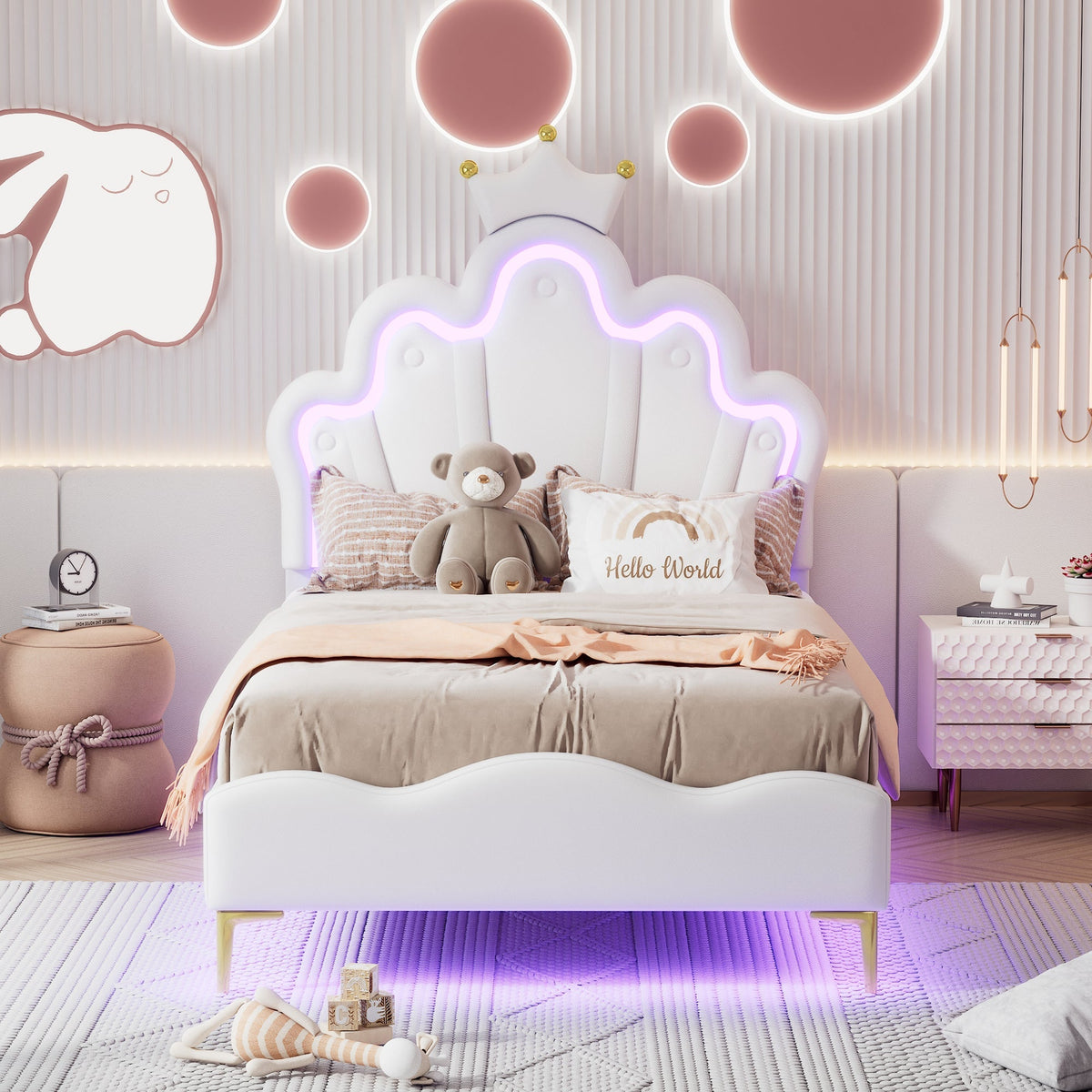Princess Bed 90x200cm Crown Shaped PU Leather Upholstered LED - White