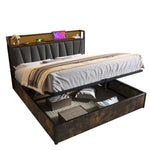 Upholstered Metal Bed, LED App-Control Double with USB, Gray