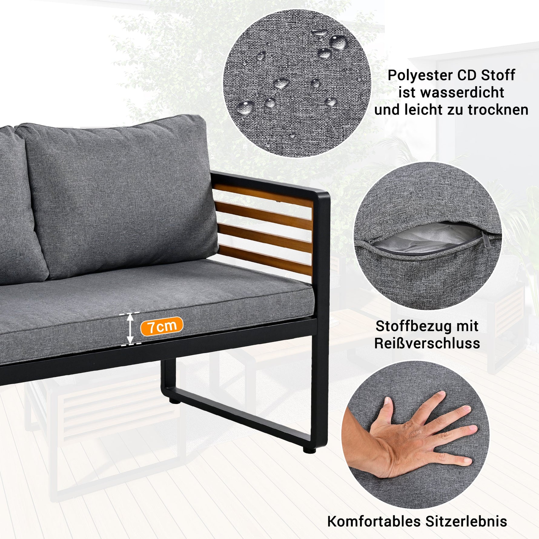 Garden Lounge Set 4-Piece Dining Set Galvanized Iron Frame Decorative Wooden Armrests Grey