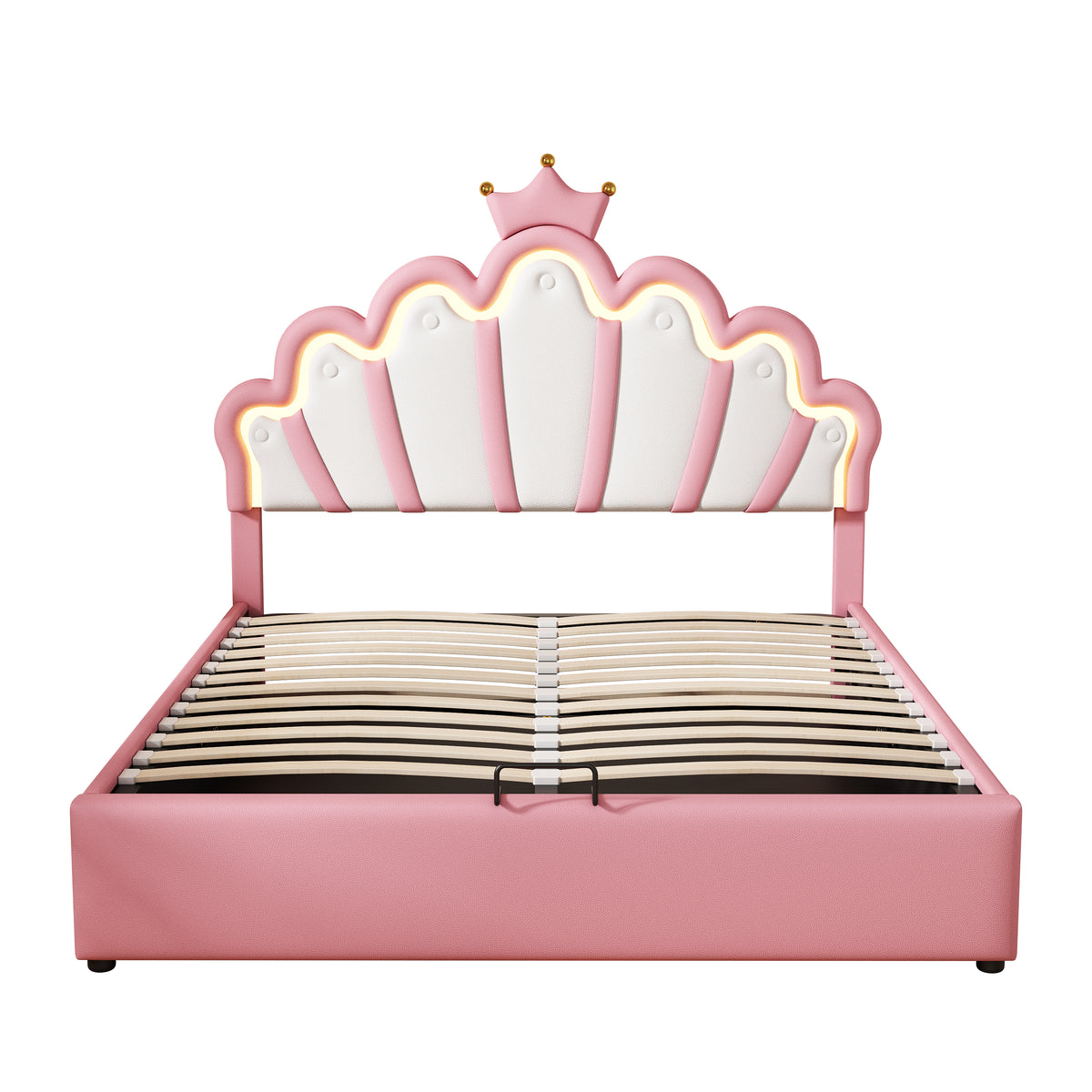 Princess Upholstered Bed 140x200cm, Ambient Light & Crown Rail, Pink