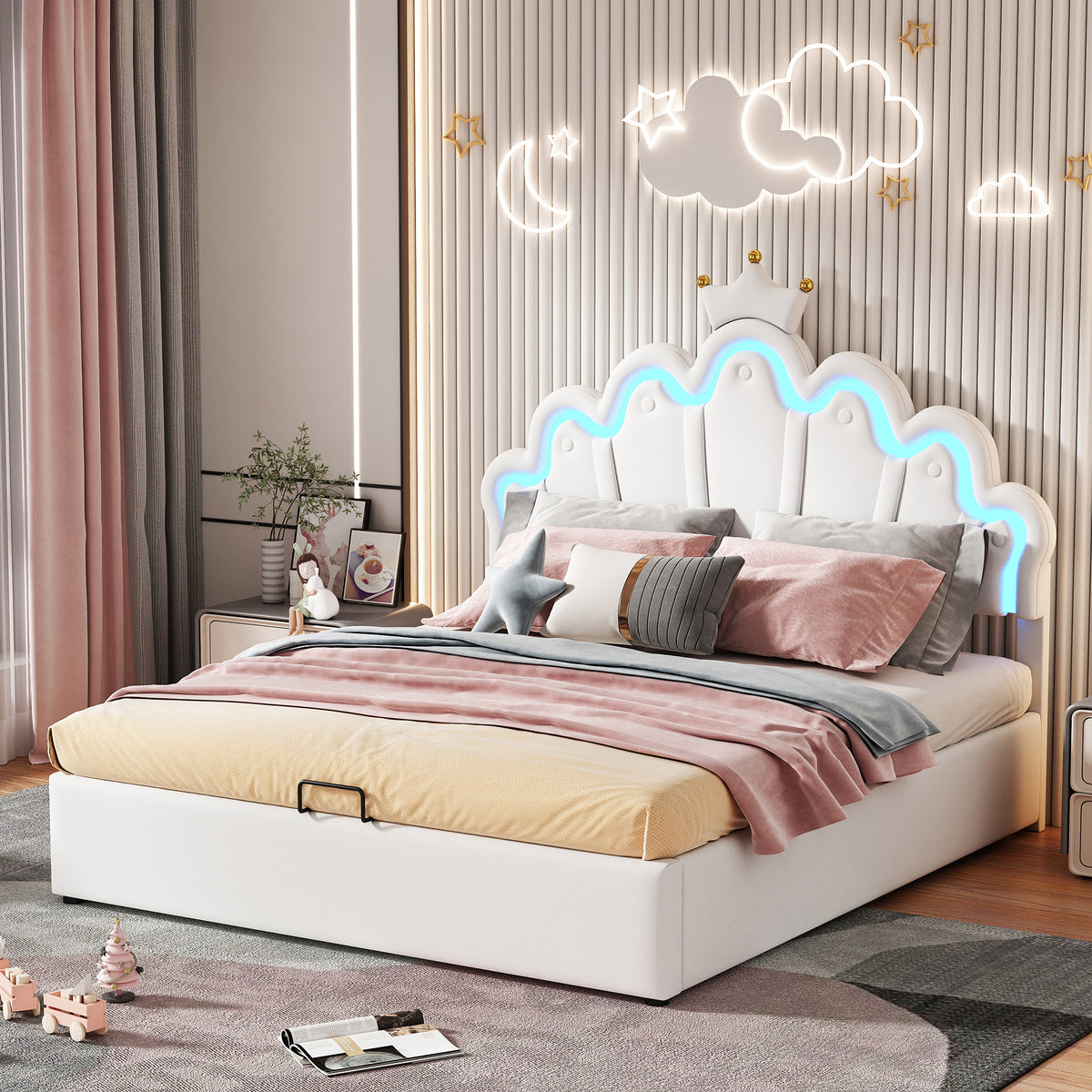 Princess Upholstered Bed 140x200cm with Ambient Light, White